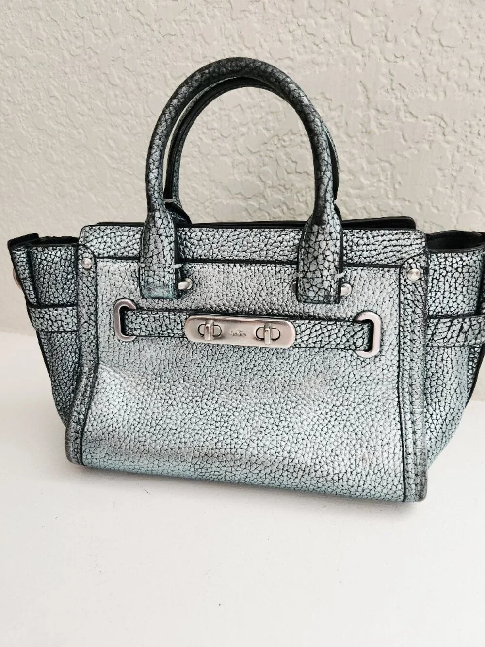 Coach Swagger Mini Blue Silver Metallic Satchel Purse Handbag